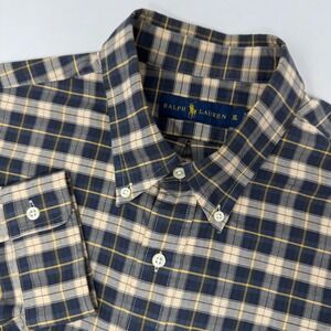 Ralph Lauren Button Down Shirt Mens XL Blue Tan Plaid‎ Cotton Long Sleeve Pony